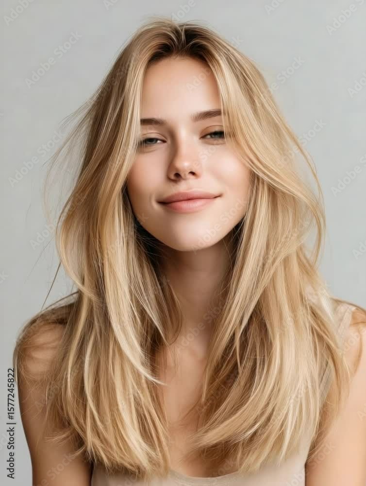 Blonde woman with long hair smiles softly in a neutral-toned indoor setting during daylight Blonde woman with long hair smiles softly in a neutral-toned indoor setting during daylight