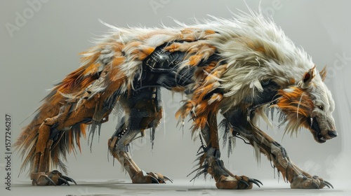 full body fantasy creature design of a beautiful canine-like animal, feathery fur, speculative evolution, alien features, plain background, very realistic