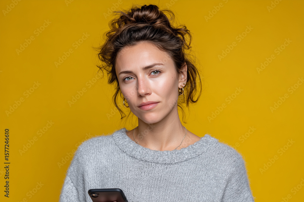 Thoughtful young woman wearing cozy sweater holding smartphone against vibrant yellow background Thoughtful young woman wearing cozy sweater holding smartphone against vibrant yellow background