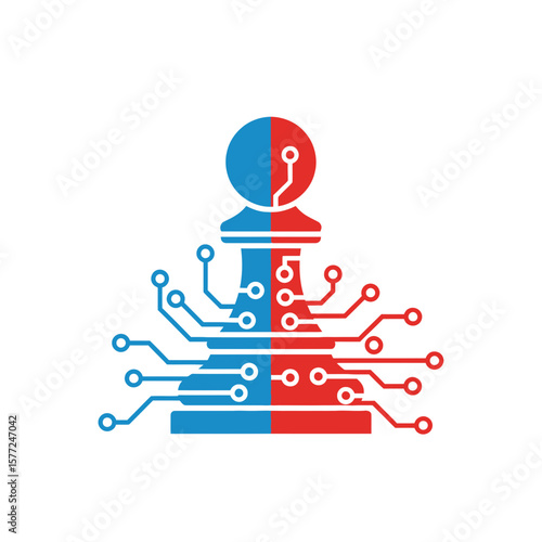 Chess pawn with integrated circuit design blue and red on white background.