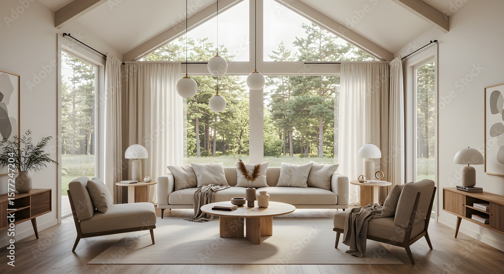 Fototapeta premium Light-Filled Living Space with High Vaulted Ceiling and Nature Views for Relaxing Comfort and Calmness