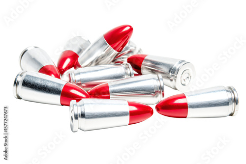 a bunch of red and silver bullet shells