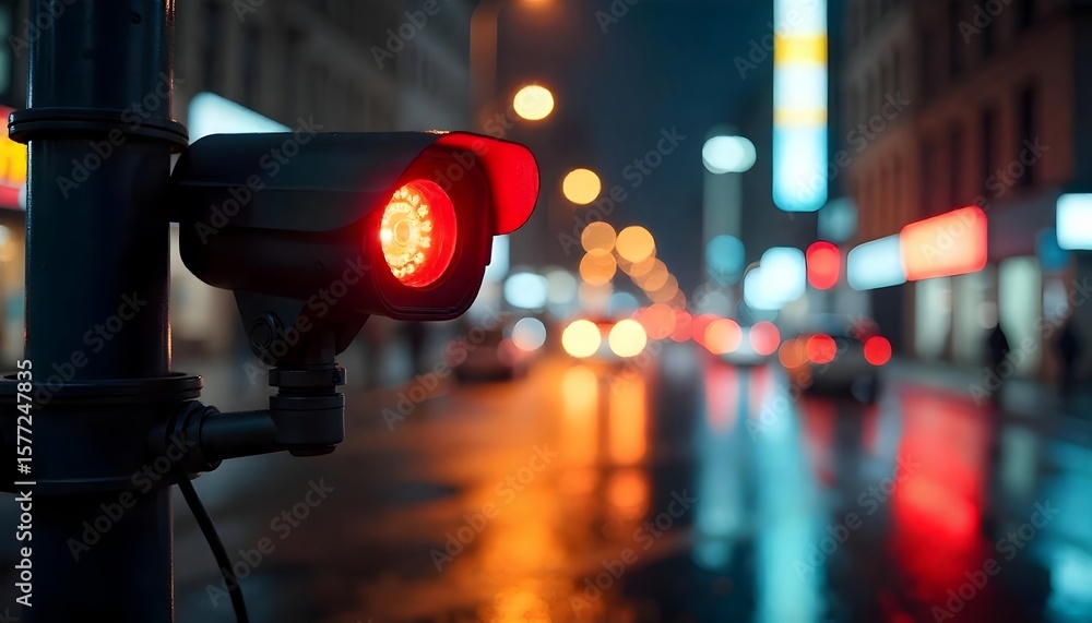 Dark surveillance camera with glowing red light on a wet urban street at night with colorful bokeh lights Dark surveillance camera with glowing red light on a wet urban street at night with colorful bokeh lights
