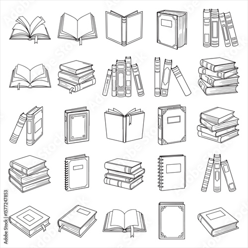 Vector Set of Books, Open Books, Close Books and Bookshelves in Clean Line Art Design