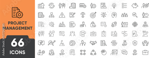 Startup, Business, Project, Management Line Icon Set. Set of 66 outline icons including planning, launch, teamwork, goals, timeline, tasks, and workflow. Editable stroke. Linear vector illustration.