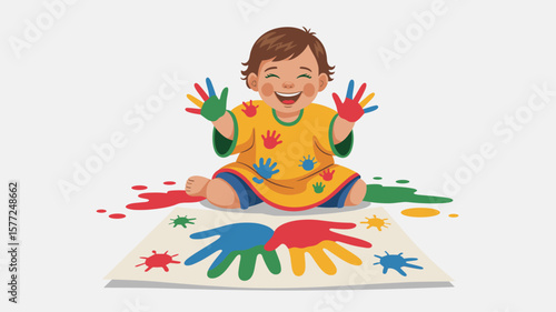 happy baby doing finger painting with colorful hands, vector illustration for childhood creativity, messy play and sensory development