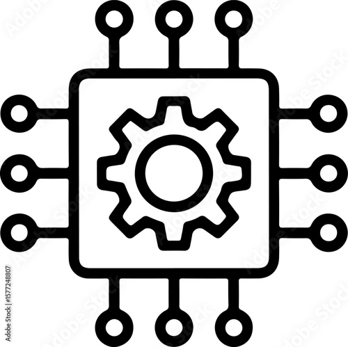 Abstract black line art icon representing a microchip with a gear inside and connections