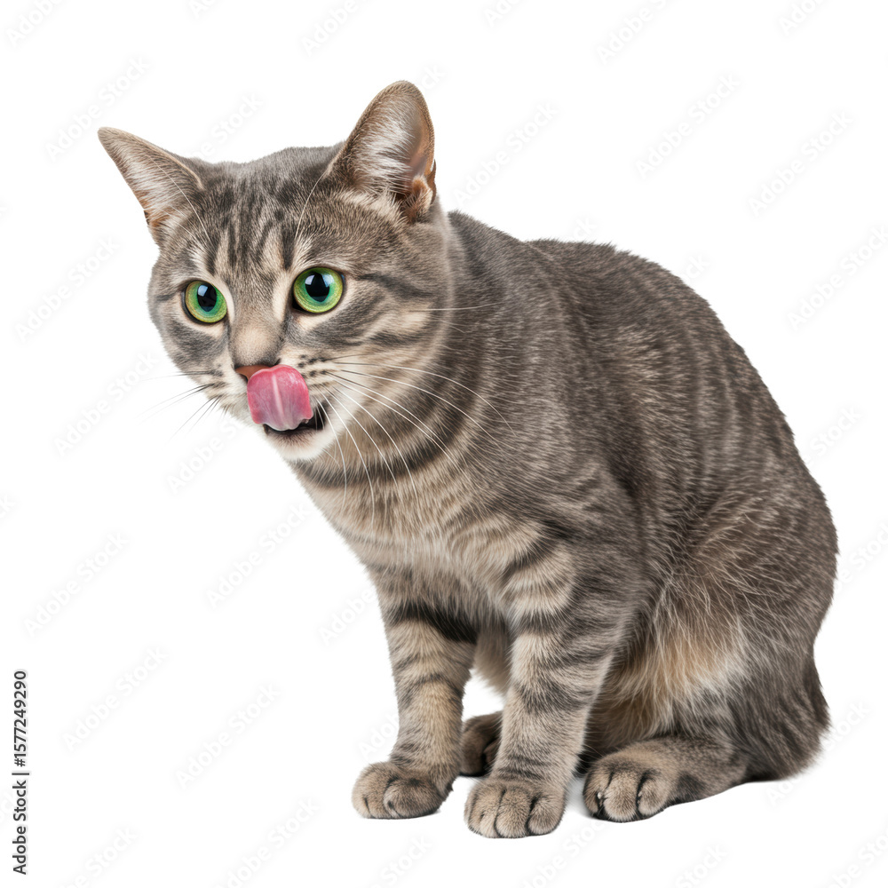 Obraz premium A sleek grey adult tabby cat with emerald green eyes, bright studio lighting, licking its pink lips on a transparent background, pristine commercial pet photography