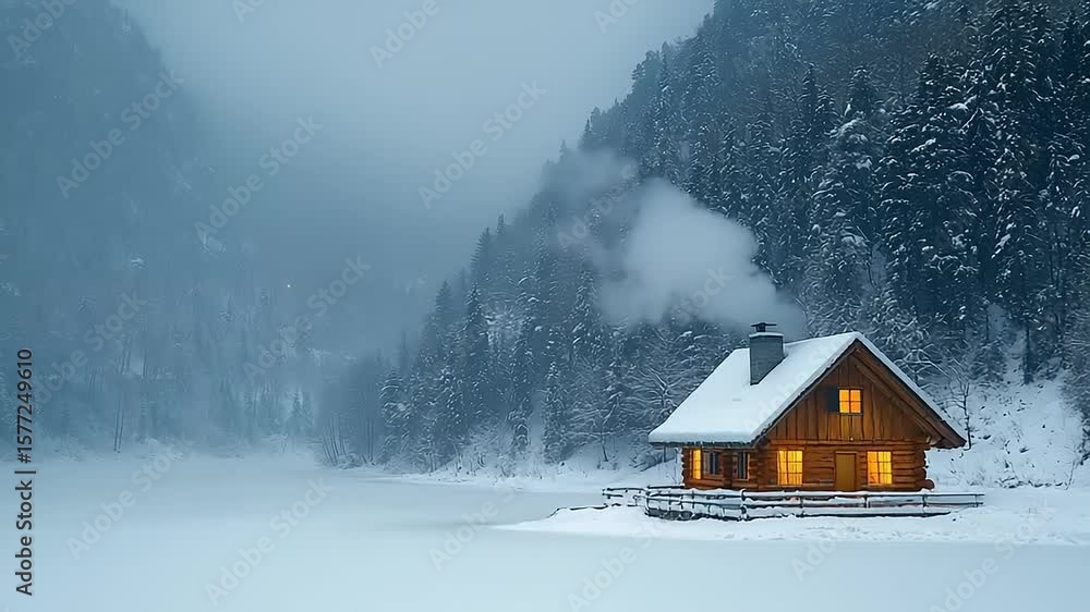 Cozy log cabin on a snowy lake surrounded by trees Cozy log cabin on a snowy lake surrounded by trees