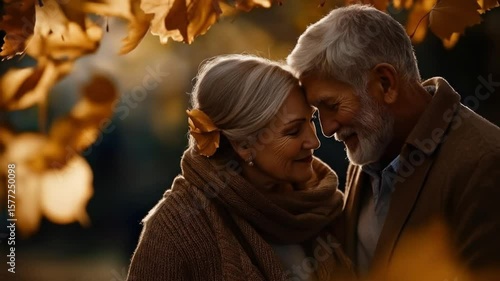 Autumnal embrace of an elderly couple in a park, their faces close together under a canopy of golden leaves.  Warm sunlight filters through the foliage