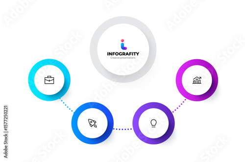Infographic design showcasing business concepts with modern icons and sleek layout. Flowchart with 4 steps for presentations, data illustration, and creative communication resources