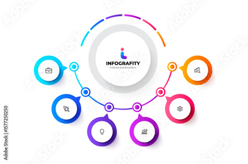 Flowchart infographic with 6 steps, options or processes. Ideal for business, startups, strategy, and workflow visualizations. Organizational chart with seven circles