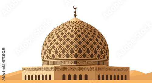 Ornate Islamic Mosque Dome Illustration in Desert Landscape with Crescent Moon Finial