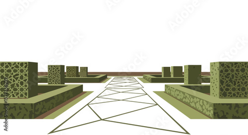 Stylized Geometric Garden Path with Abstract Planters and White Background