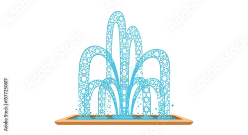 Decorative water fountain with flowing blue bubble pattern isolated on white