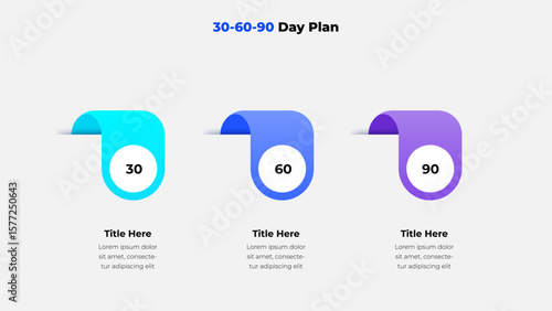 Clear infographic depicts a 30-60-90 day plan layout with vibrant design elements. Ideal for business and planning presentations