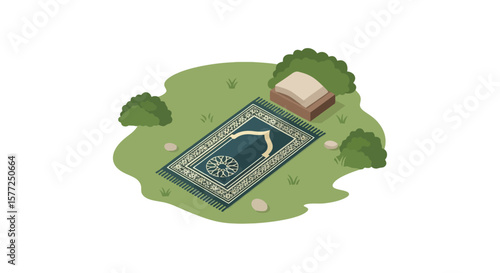 Islamic Prayer Rug on Grass with Quran Stand Isometric Illustration