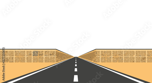 Empty rural highway with hay bale barriers receding into white sky