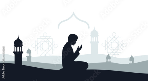 Islamic Prayer Silhouette: Man Kneeling with Raised Hands Against Mosque Background and Geometric Patterns