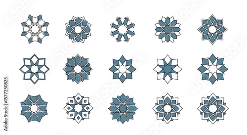 Geometric Abstract Pattern Collection. Decorative Mandala & Star Shapes in Teal & White. Ornate Vector Design Elements for Backgrounds & Graphics.