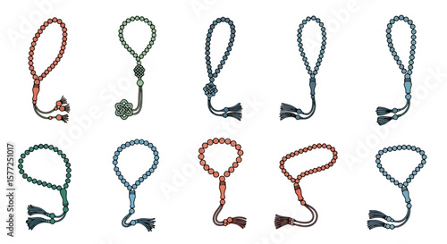 Collection of Colorful Prayer Beads (Tasbih) with Tassels, Vector Illustration