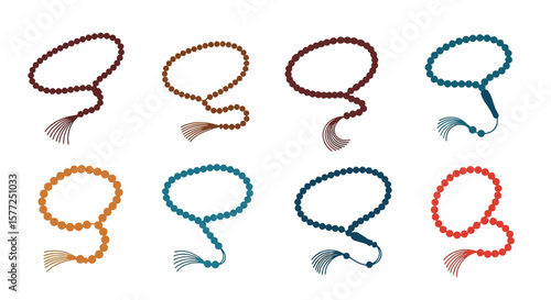 Colorful Tasbih Prayer Beads Set for Spiritual Practice and Meditation, Vector Isolated on White Background
