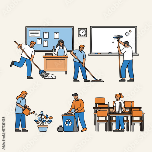 Handdrawn Cartoon Classroom Cleaning Activity Illustration Set Element
