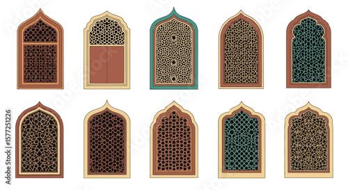 Ornate Islamic Arched Windows & Mashrabiya Latticework Set. Traditional Middle Eastern Geometric Window Designs Isolated