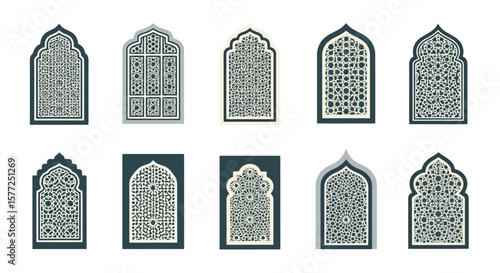 Islamic Arch Windows Set with Geometric Patterns. Traditional Arabic and Mughal Style Jali Designs. Ornate Architectural Elements.