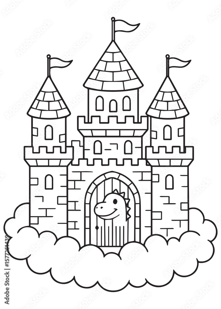 Fototapeta premium coloring book Castle floating in the sky with happy dinosaur