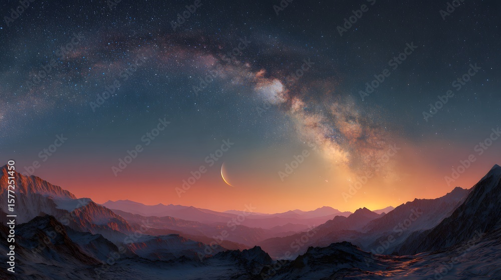 Fototapeta premium Majestic mountains under a vibrant Milky Way and crescent moon at dusk create a celestial vista.