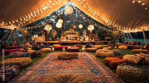 Elegant outdoor event setup with bohemian decor under illuminated tent at night