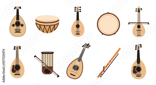 Flat Vector Set of Traditional Middle Eastern and Mediterranean Musical Instruments