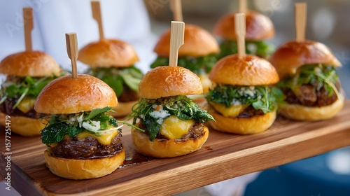 Delicious mini beef sliders with cheese and fresh arugula arranged on a wooden board, perfect for catering.