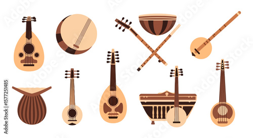 Set of Traditional Musical Instruments. Flat Vector Illustration of World Ethnic String and Percussion Instruments.