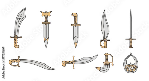 Stylized Swords and Daggers Collection. Diverse Fantasy and Historical Weaponry Vector Set. Ancient Blades and Knives Illustration.