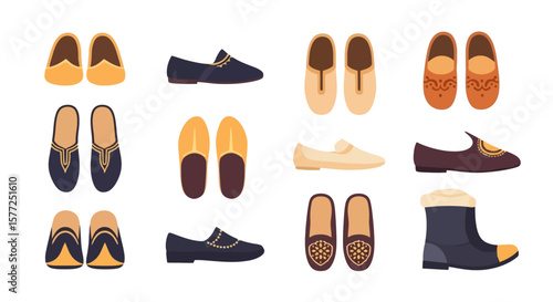Traditional & Ethnic Flat Shoes Collection. Diverse Cultural Slippers, Loafers & Boots. Vector Illustration Set.