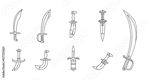 Line Art Swords and Daggers Set. Outline Blade Illustrations for Medieval, Fantasy, and Historical Themes.