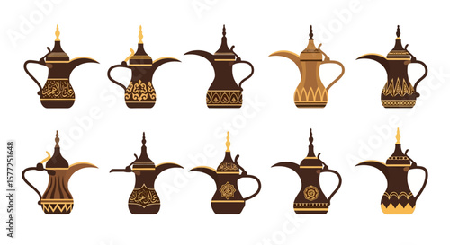Set of Traditional Arabic Dallah Coffee Pots. Elegant Middle Eastern Teapots with Ornate Golden Patterns for Culture and Hospitality