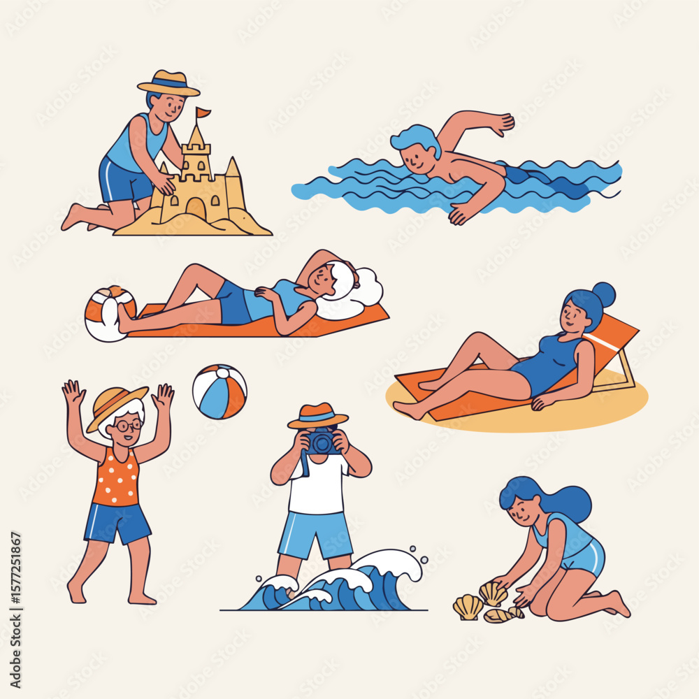 Obraz premium Line Art Cute Summer Vacation Activity People Group Illustration