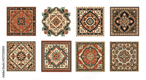 Set of Intricate Ethnic Ornamental Patterns. Traditional Geometric and Floral Designs for Textiles, Rugs, and Decorative Backgrounds.