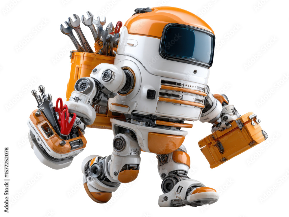 Fototapeta premium Mechanical Marvel: A charming robot, equipped with a toolbox, strides with purpose and resolve, its advanced design and efficient structure clearly reflecting its primary utility.