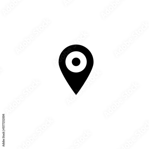 Solid black map pin icon with a centered white disc, resting on a thin black line, isolated on a transparent background with no shadows, in ultra-realistic studio lighting, symbolizing accurate