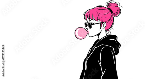 Stylish illustration of a sassy girl with chewing gum on a transparent background – clipart for Youth Day design.  International Youth Day Banner with copy space