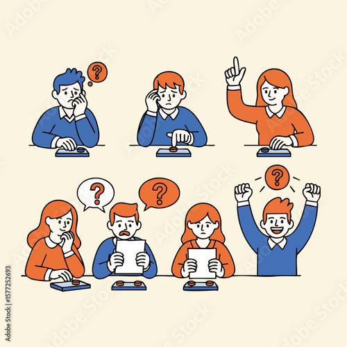 Cartoon Style Group of People Taking Quiz with Question Bubble Illustration