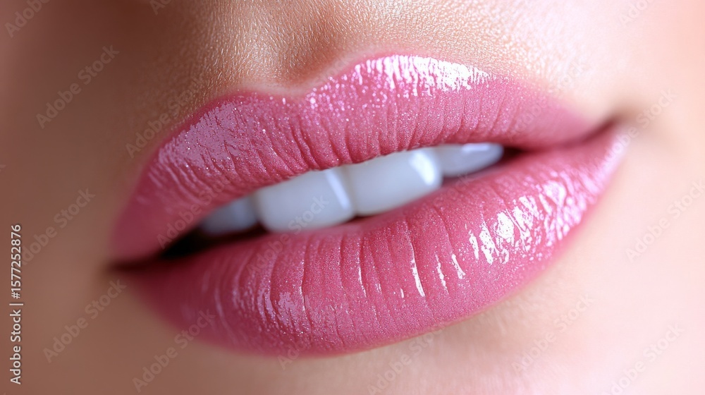 Obraz premium Beautiful, glossy pink lips in close-up, with high-resolution details on a white background. Professional lighting and color grading create a high-quality