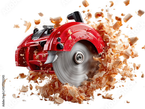 Precision in Red: A high-angle shot captures a dynamic circular saw, poised amidst a flurry of wood shavings, showcasing the raw power and meticulous craftsmanship of carpentry.