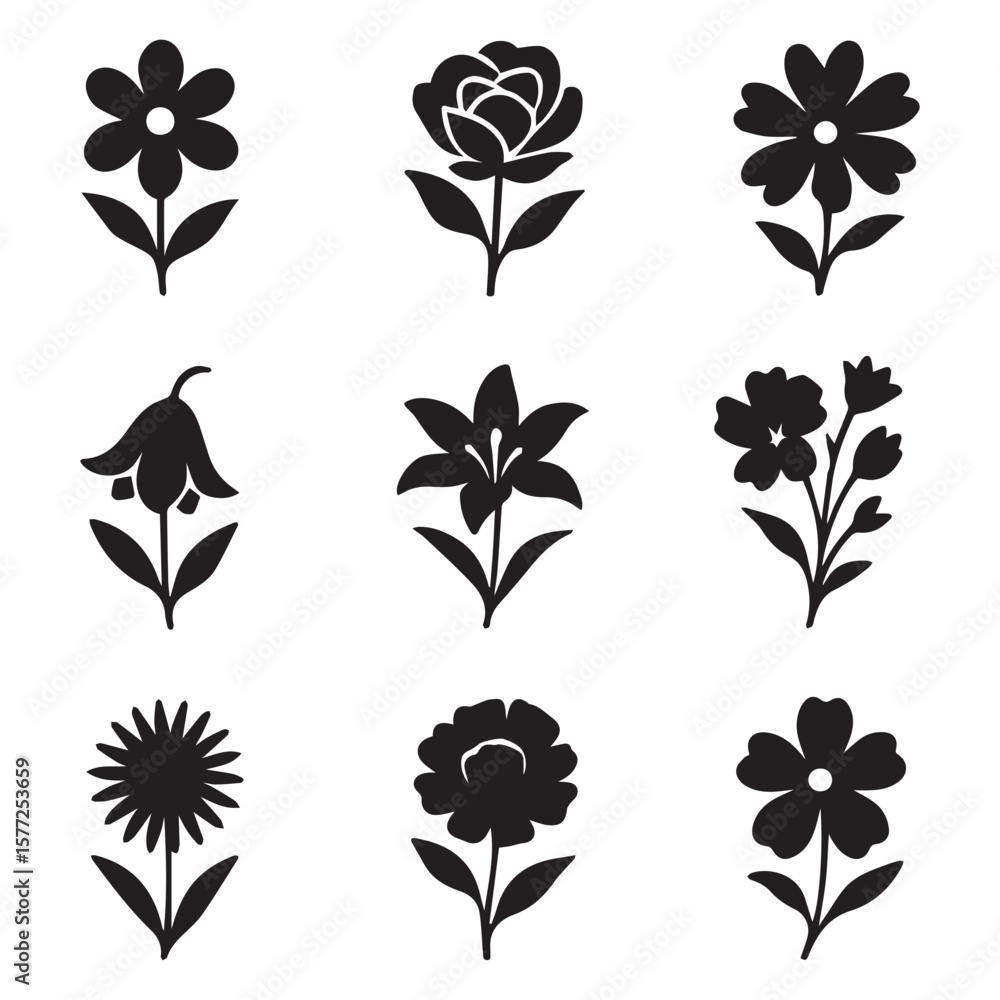 Obraz premium Collection of nine distinct floral silhouettes in a grid layout.