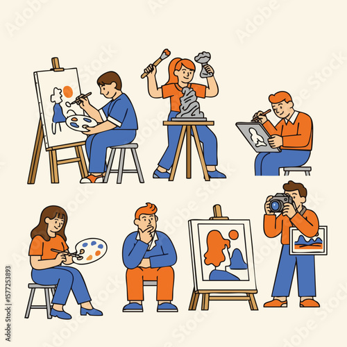 Cute Handdrawn Diverse Artist Illustration Painting People Doing Art Activities