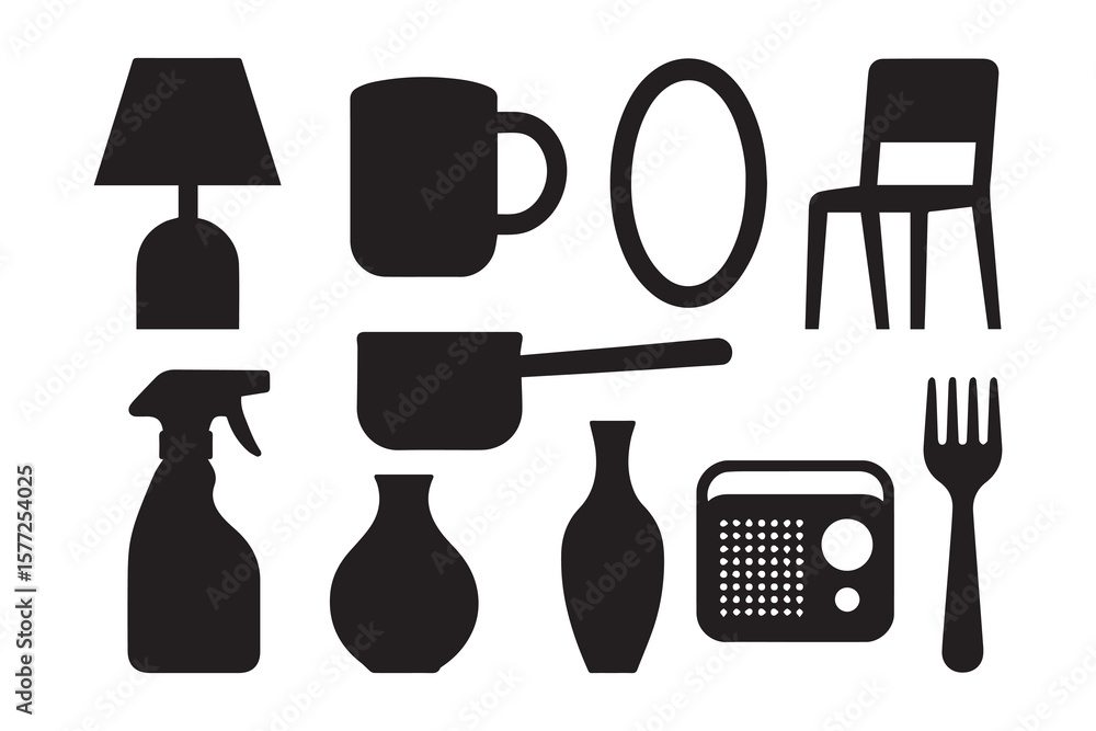 Obraz premium Collection of common household objects depicted as black silhouettes on a white background silhouette